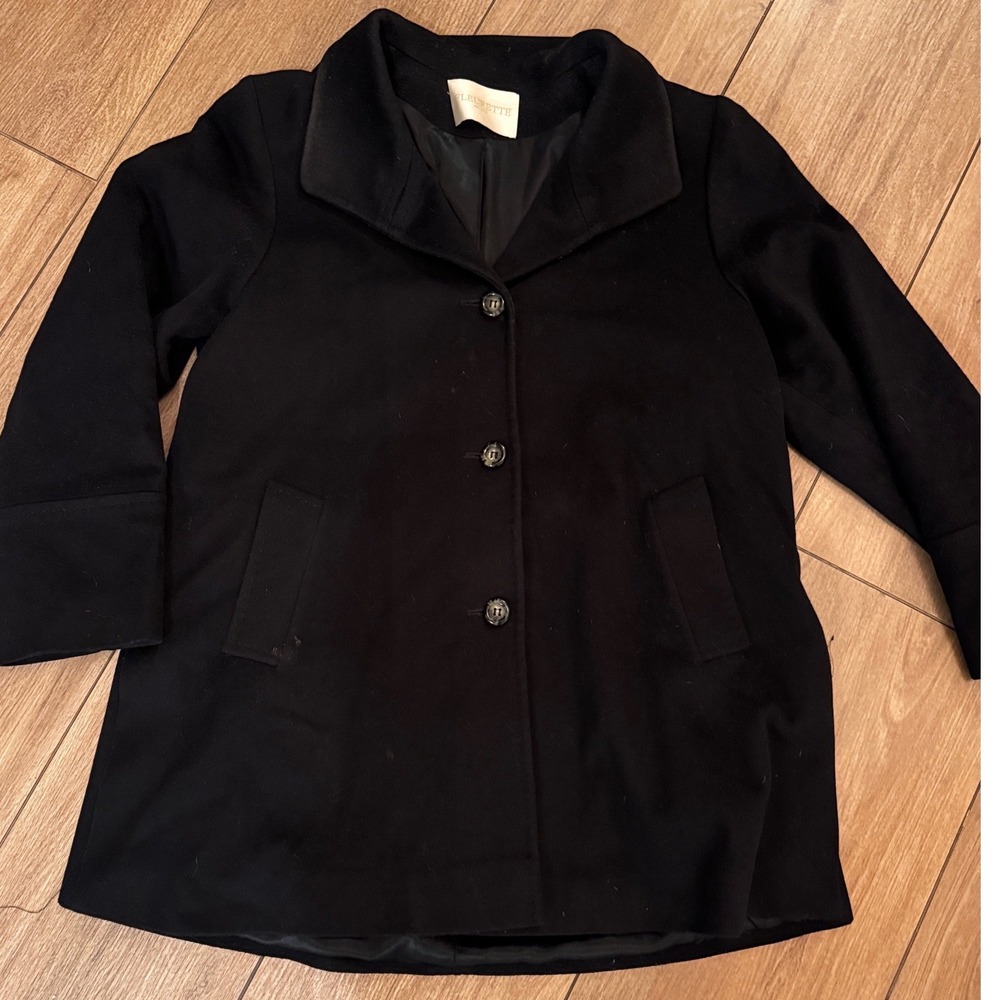 Fleurette Loro Piana 100% Wool Coat Black Size 14 Made in USA Three Button